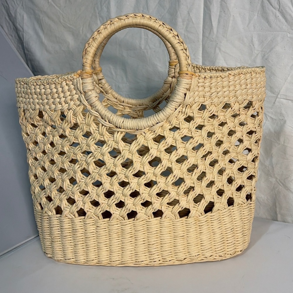 Boho Straw Tote Bag Woven Lattice Beach Handbag Beige Circle Handle Summer Bag